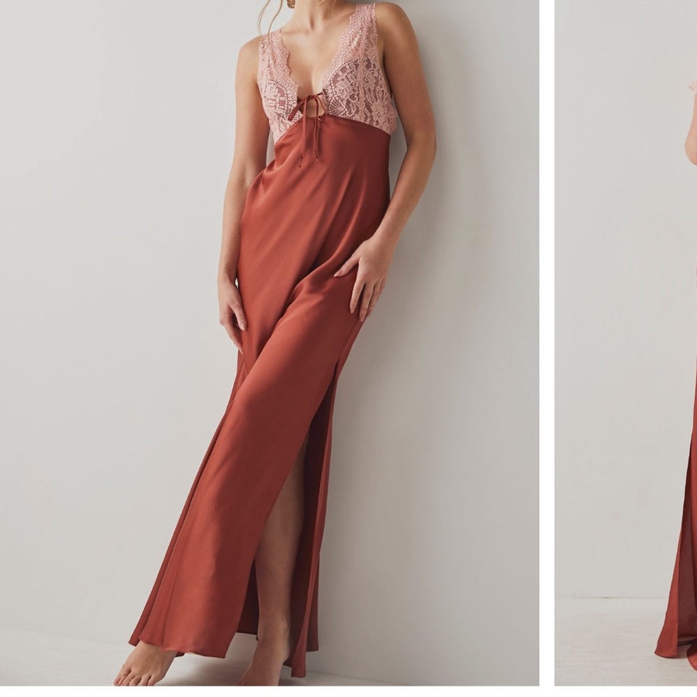 Free People Rust Maxi Slip Dress with Pink Lace